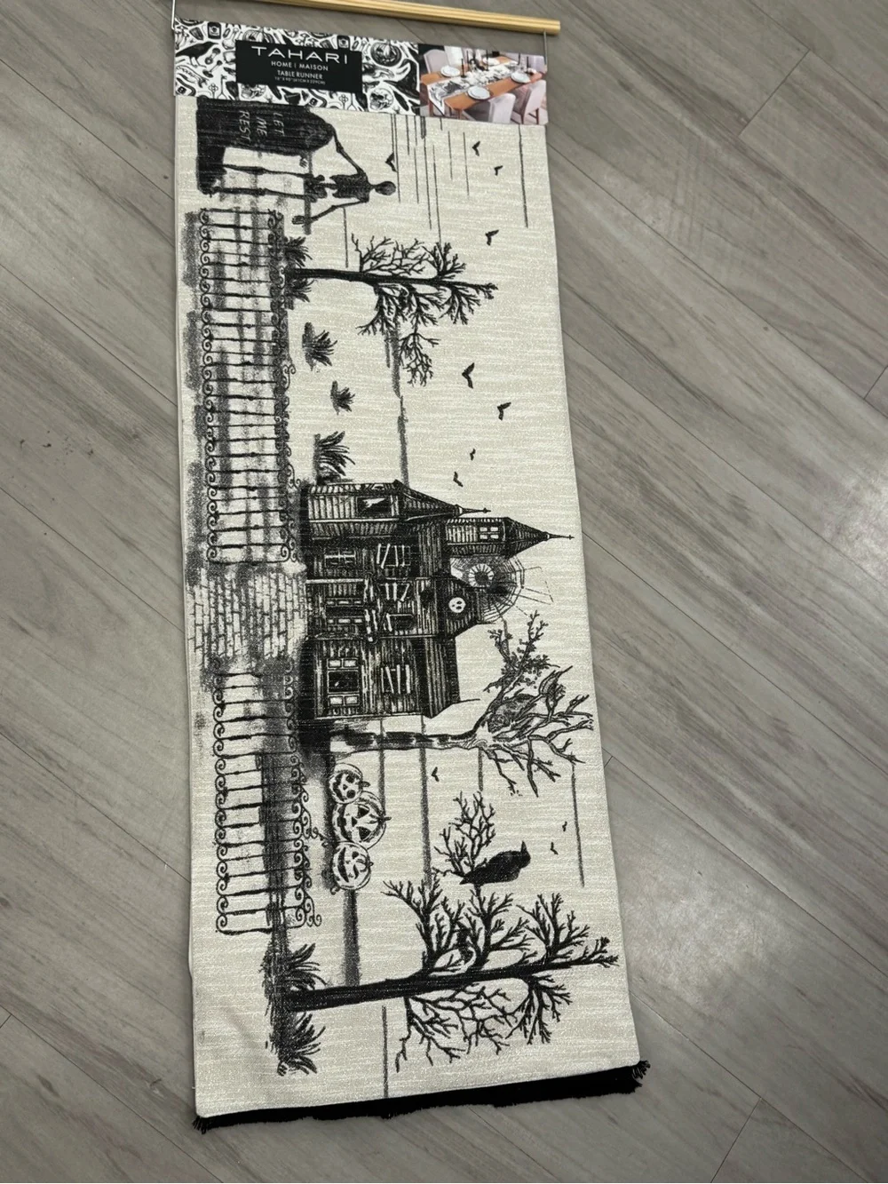 Tahari Black & Cream Haunted halloween table Runner